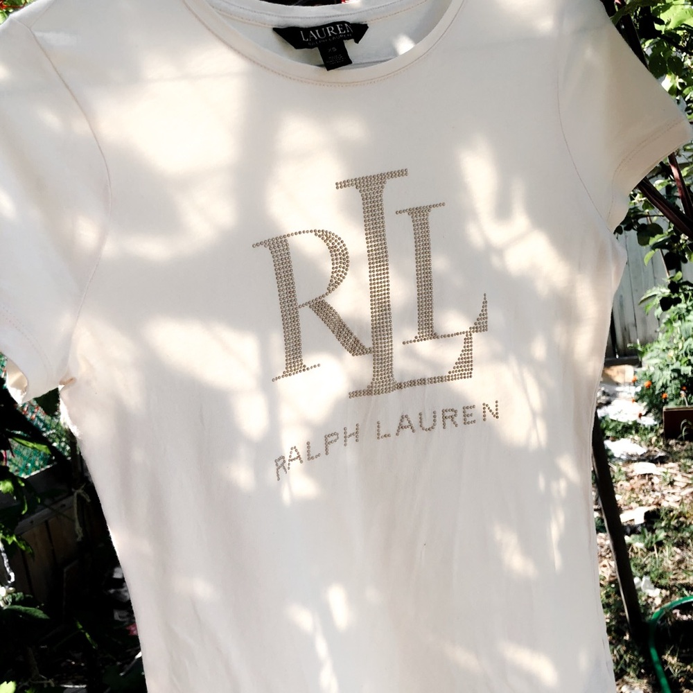 Ralph Lauren Cream Short Sleeve Tee with Rhinestone RL Logo